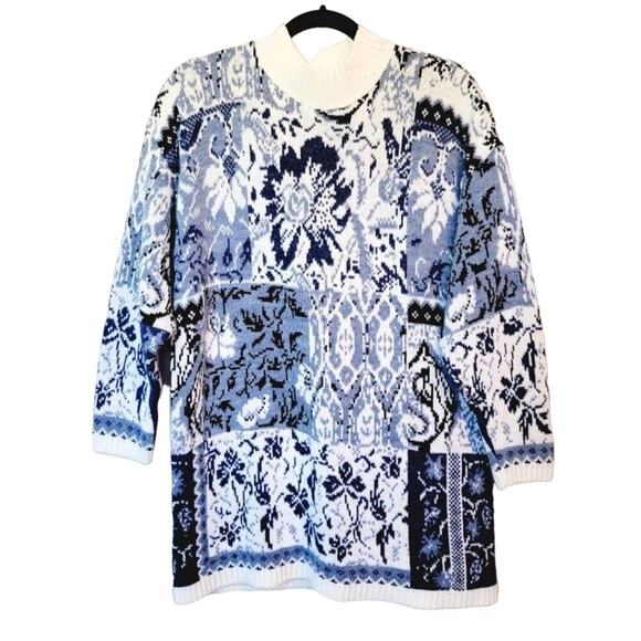 Vintage Sweaters - VTG 90s Cut 4 U Womens OS Blue Floral Granny Mixed Media Patchwork Knit Sweater